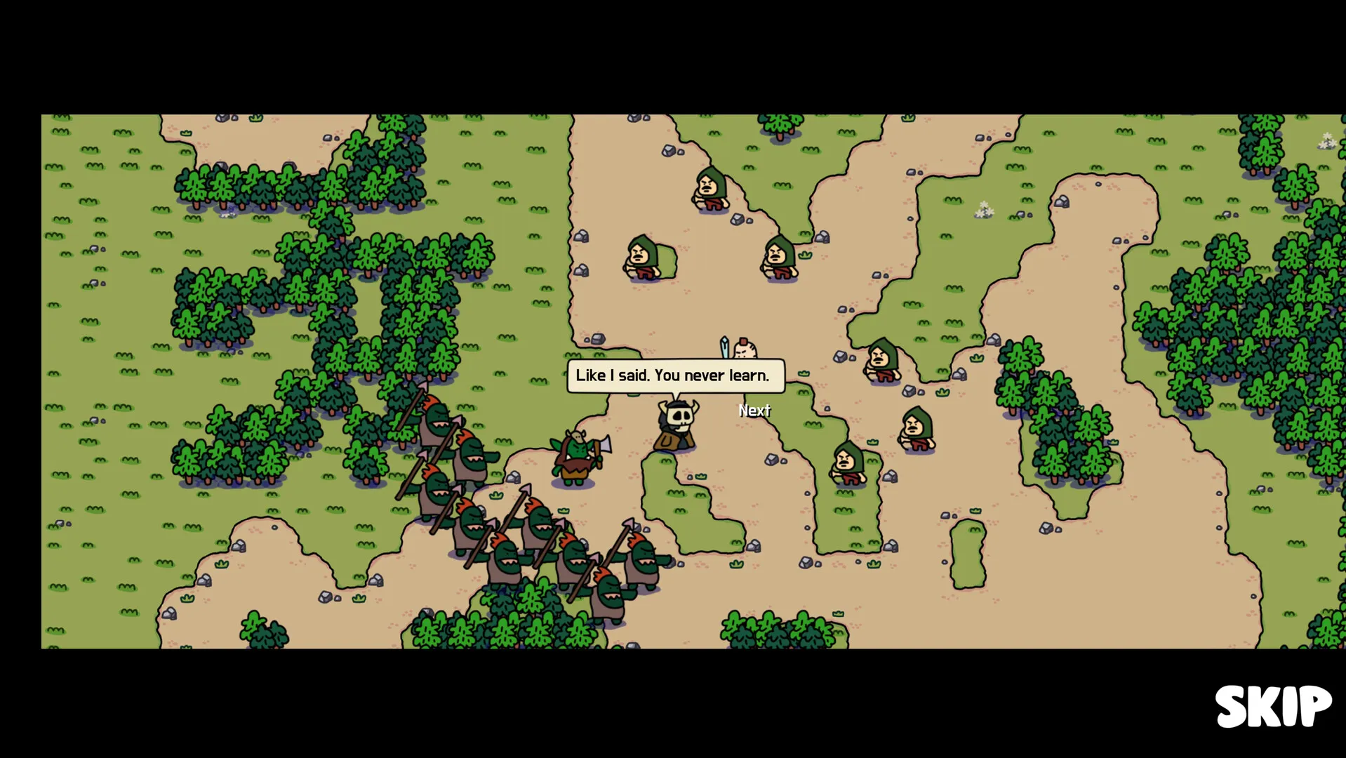A cutscene on a forest path where armoured orc riders meet green-hooded scouts, with the line "Like I said. You never learn."