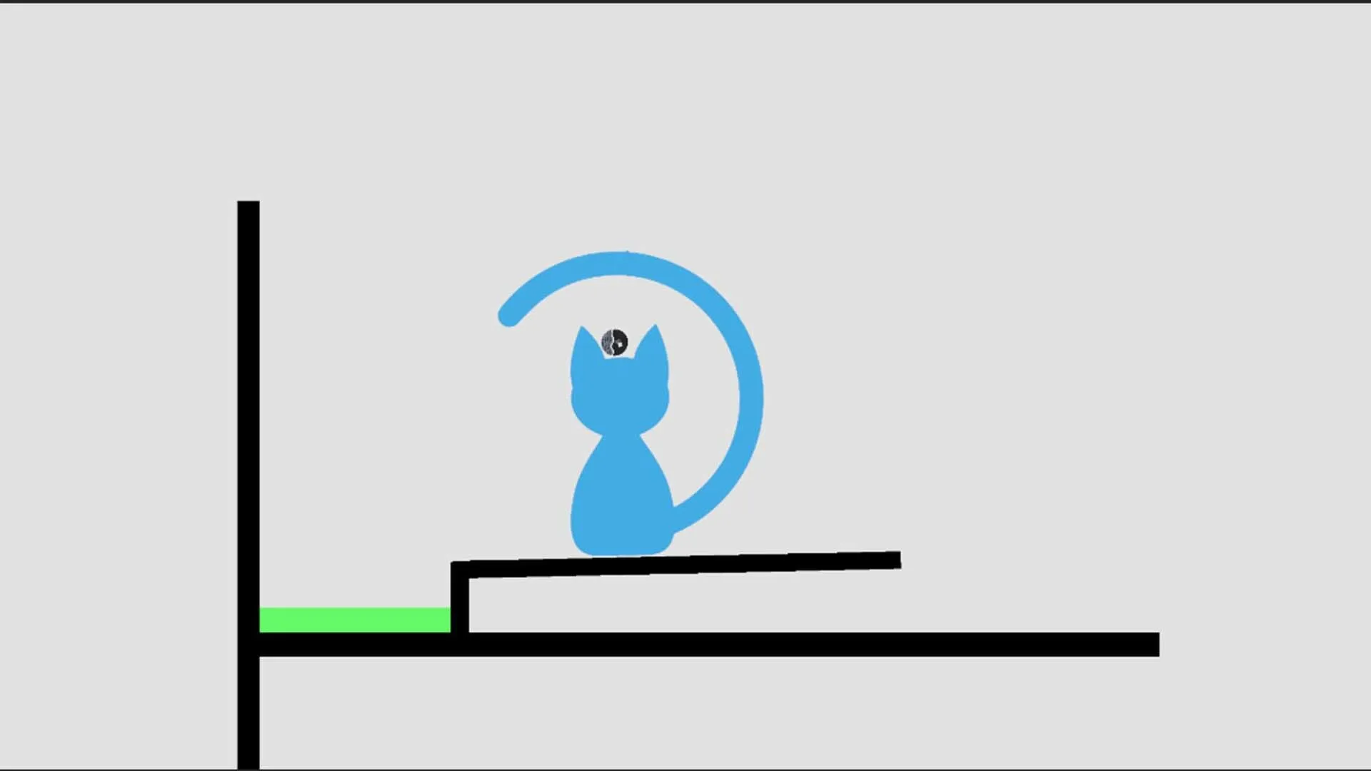 A blue cat balances on a tilted ledge with the ball perched on its head, the green goal waiting on the lower step to the left.