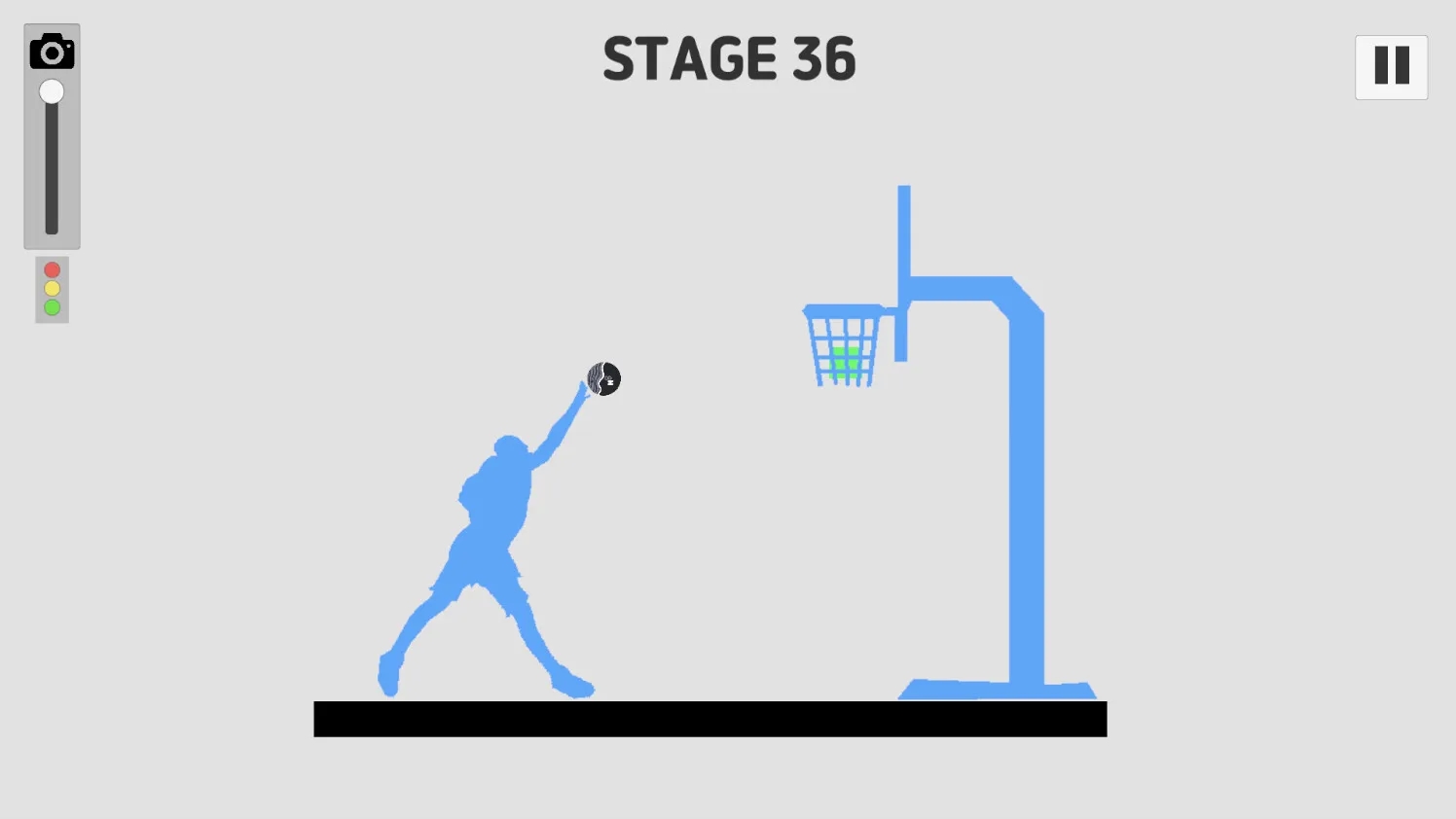 Stage 36 — a blue figure reaches up to tip the ball toward a basketball hoop with the green target inside the net.