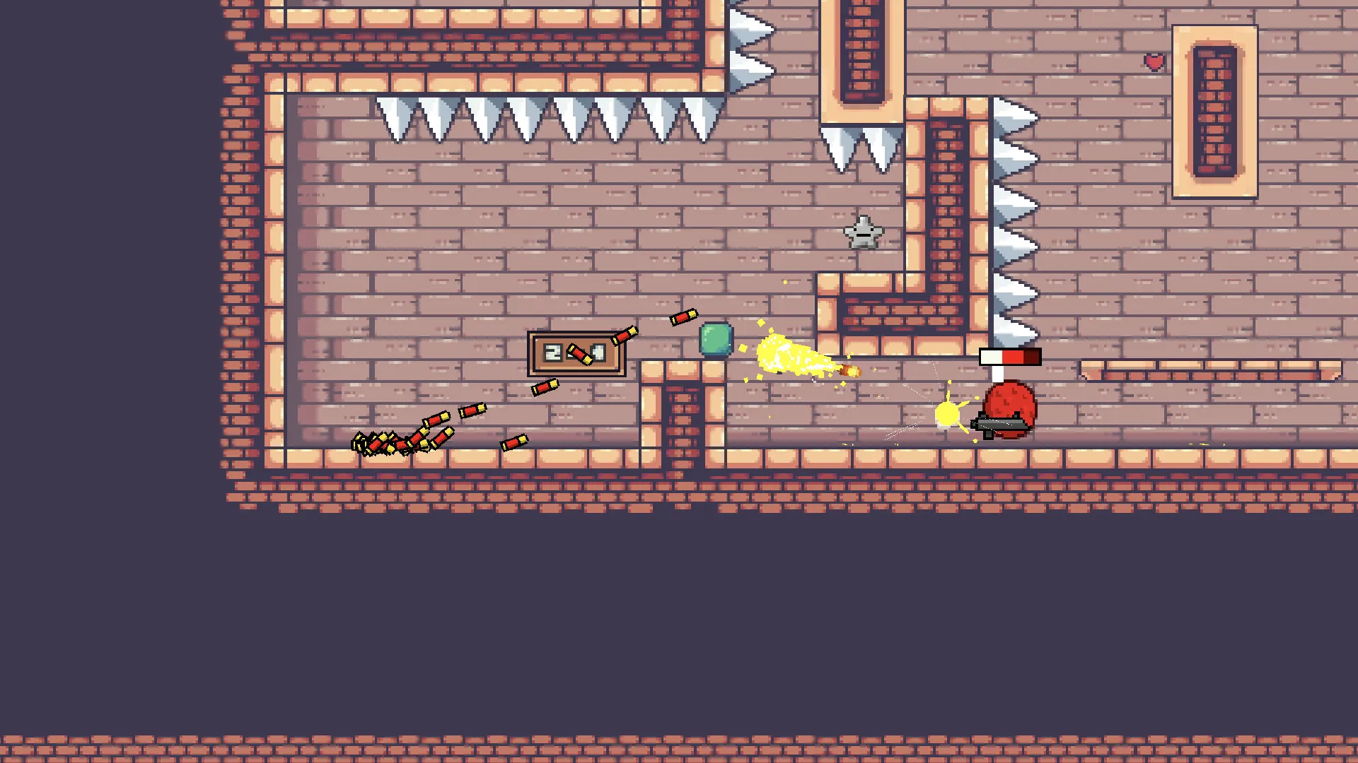 A red boss with a health bar fires across a brick chamber at the green virus, spent shells piling up on the ledge below a row of spikes.